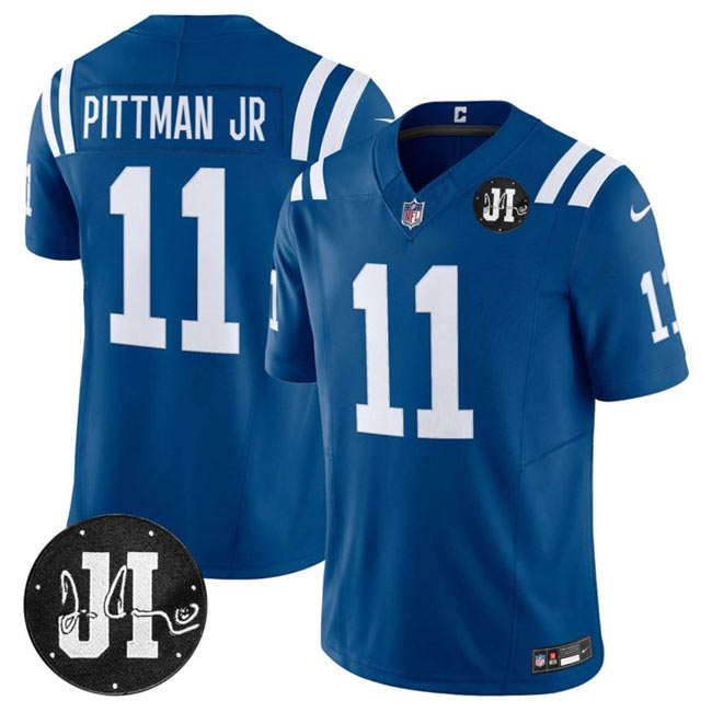 Men's Indianapolis Colts 11 Michael Pittman Jr. Blue 2025 F.U.S.E. Jim Irsay Patch Vapor Limited Football Stitched Jersey