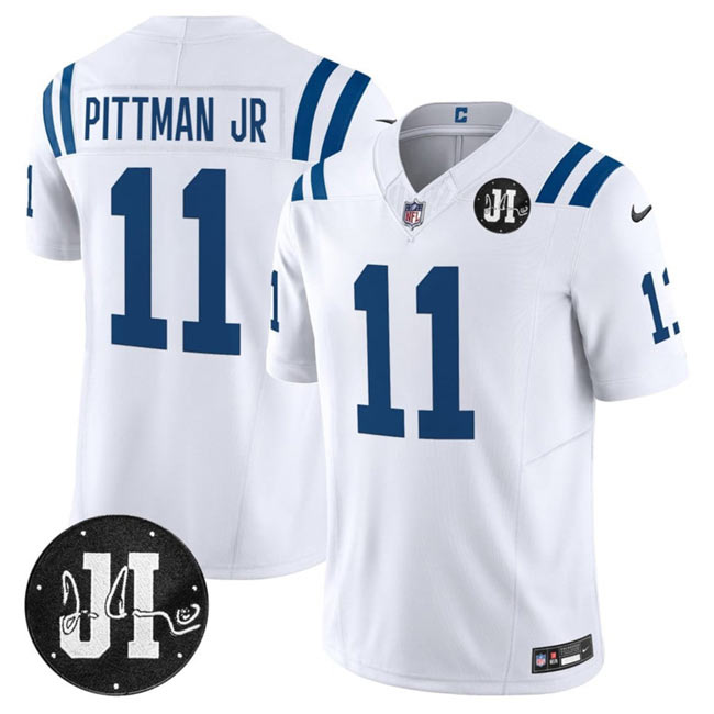 Men's Indianapolis Colts 11 Michael Pittman Jr. White 2025 F.U.S.E. Jim Irsay Patch Vapor Limited Football Stitched Jersey
