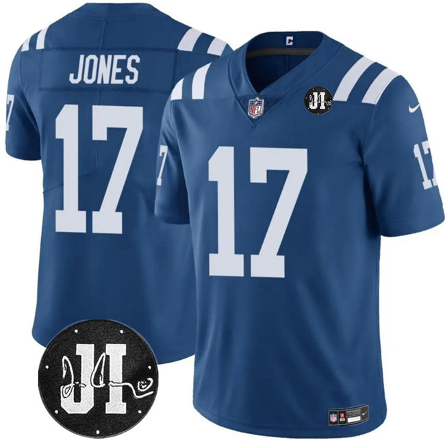 Men's Indianapolis Colts 17 Daniel Jones Blue Jim Irsay Patch Vapor Limited Football Stitched Jersey