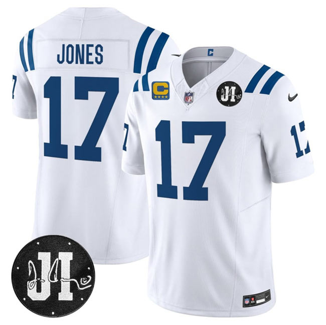Men's Indianapolis Colts 17 Daniel Jones White 2025 F.U.S.E. With 4 Star C Patch And Jim Irsay Patch Vapor Limited Football Stitched Jersey