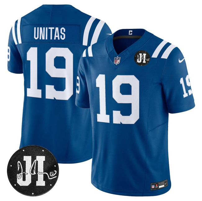 Men's Indianapolis Colts 19 Johnny Unitas Blue 2025 F.U.S.E. Jim Irsay Patch Vapor Limited Football Stitched Jersey