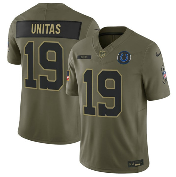 Men's Indianapolis Colts 19 Johnny Unitas Olive 2025 Salute to Service Limited Football Stitched Jersey