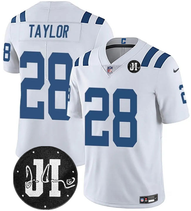 Men's Indianapolis Colts 28 Jonathan Taylor White Jim Irsay Patch Vapor Limited Football Stitched Jersey