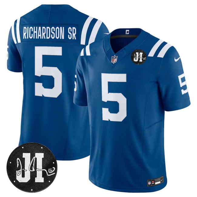 Men's Indianapolis Colts 5 Anthony Richardson Blue 2025 F.U.S.E. Jim Irsay Patch Vapor Limited Football Stitched Jersey