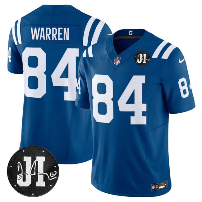 Men's Indianapolis Colts 84 Tyler Warren Blue 2025 F.U.S.E. Jim Irsay Patch Vapor Limited Football Stitched Jersey