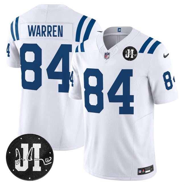 Men's Indianapolis Colts 84 Tyler Warren White 2025 F.U.S.E. Jim Irsay Patch Vapor Limited Football Stitched Jersey