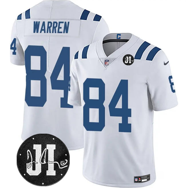 Men's Indianapolis Colts 84 Tyler Warren White Jim Irsay Patch Vapor Limited Football Stitched Jersey