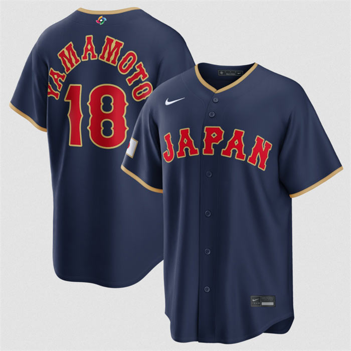 Men's Japan Baseball 18 Yoshinobu Yamamoto Navy 2026 World Baseball Classic Road Stadium Stitched Jersey