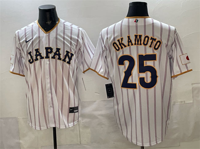 Men's Japan Baseball 25 Kazuma Okamoto White 2026 World Baseball Classic Home Stadium Stitched Jersey