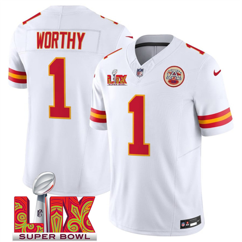 Men's Kansas City Chiefs 1 Xavier Worthy White 2025 Super Bowl LIX Patch F.U.S.E. Vapor Limited Stitched Football Jersey