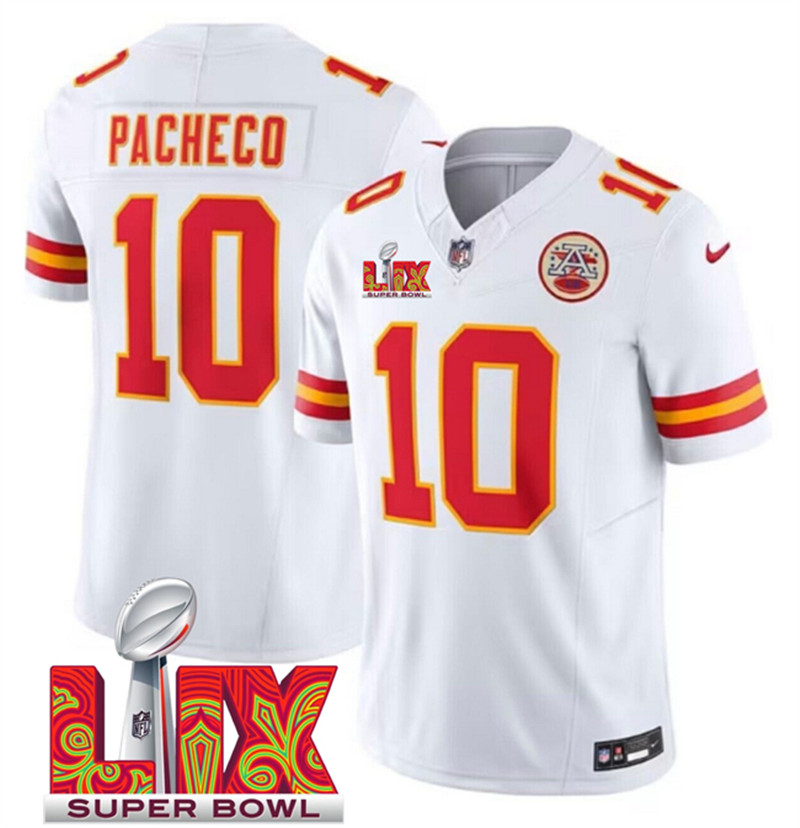 Men's Kansas City Chiefs 10 Isiah Pacheco White 2025 Super Bowl LIX Patch F.U.S.E. Vapor Limited Stitched Football Jersey