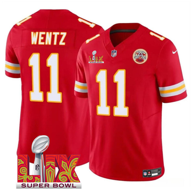 Men's Kansas City Chiefs 11 Carson Wentz Red 2025 Super Bowl LIX Patch F.U.S.E. Vapor Limited Stitched Football Jersey