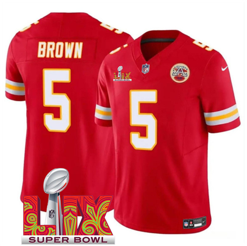 Men's Kansas City Chiefs 5 Hollywood Brown Red 2025 Super Bowl LIX Patch F.U.S.E. Vapor Limited Stitched Football Jersey