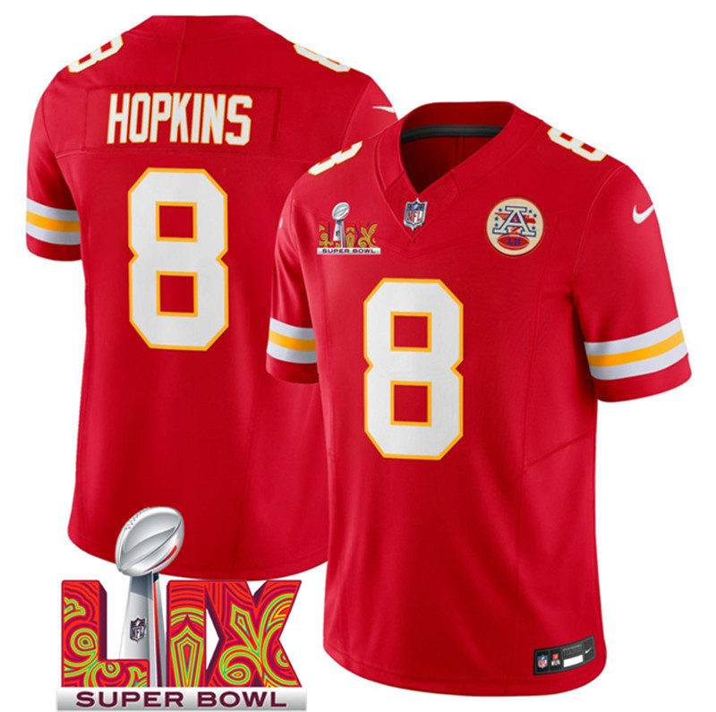 Men's Kansas City Chiefs 8 DeAndre Hopkins Red 2025 Super Bowl LIX Patch F.U.S.E. Vapor Limited Stitched Football Jersey