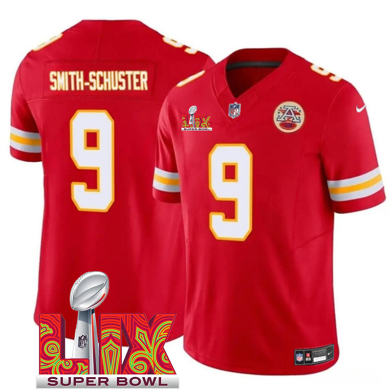 Men's Kansas City Chiefs 9 JuJu Smith Schuster Red 2025 Super Bowl LIX Patch F.U.S.E. Vapor Limited Stitched Football Jersey