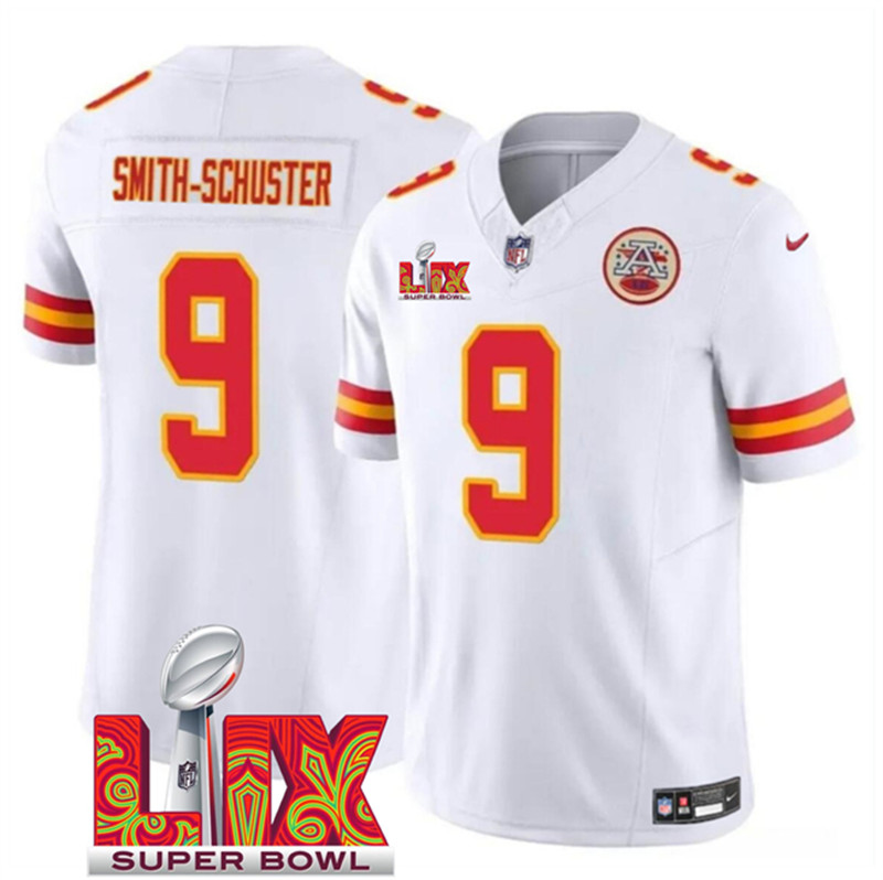 Men's Kansas City Chiefs 9 JuJu Smith Schuster White 2025 Super Bowl LIX Patch F.U.S.E. Vapor Limited Stitched Football Jersey