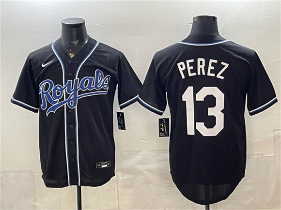 Men's Kansas City Royals 13 Salvador Perez Black 2026 Fashion Replica Black Out Stitched Baseball Jersey Men's Kansas City Royals 13 Salvador Perez Black 2026 Fashion Replica Black Out Stitched Baseball Jersey