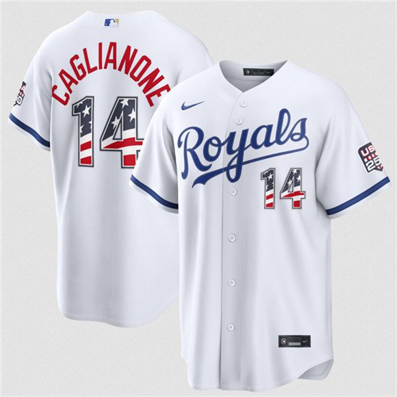 Men's Kansas City Royals 14 Jac Caglianone White USA 250 Fourth of July Stitched Baseball Jersey Men's Kansas City Royals 14 Jac Caglianone White USA 250 Fourth of July Stitched Baseball Jersey