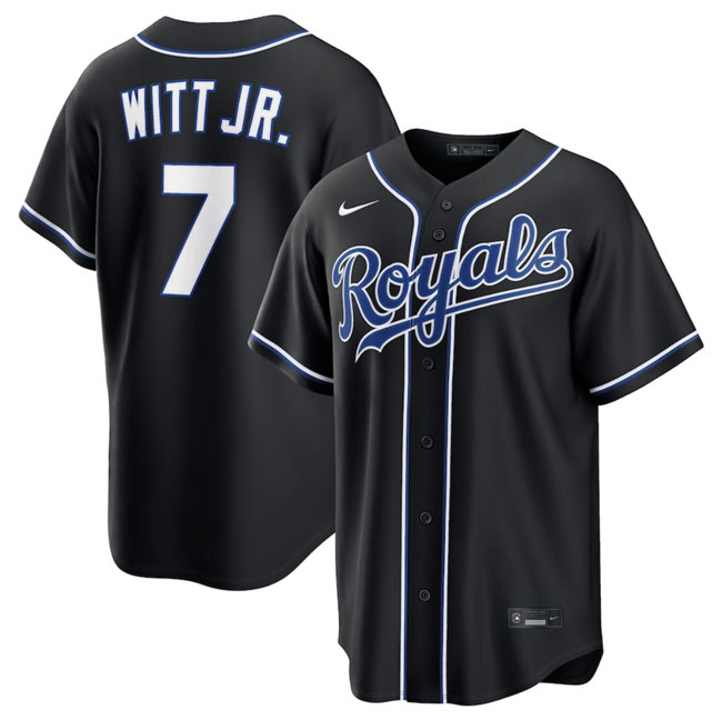 Men's Kansas City Royals 7 Bobby Witt Jr. 2026 Fashion Replica Black Out Stitched Baseball Jersey