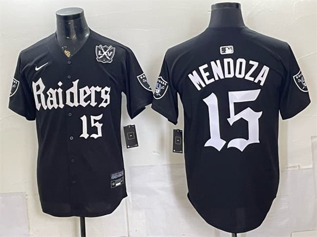 Men's Las Vegas Raiders 15 Fernando Mendoza Black 'Gothic Sin City Shadows Edition' With 65th Anniversary Patch Vapor Limited Stitched Baseball Jersey Men's Las Vegas Raiders 15 Fernando Mendoza Black 'Gothic Sin City Shadows Edition' With 65th Anniversary Patch Vapor Limited Stitched Baseball Jersey