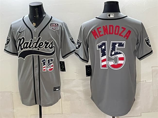 Men's Las Vegas Raiders 15 Fernando Mendoza Gray USA 250 Fourth of July Vapor Limited Stitched Baseball Jersey Men's Las Vegas Raiders 15 Fernando Mendoza Gray USA 250 Fourth of July Vapor Limited Stitched Baseball Jersey