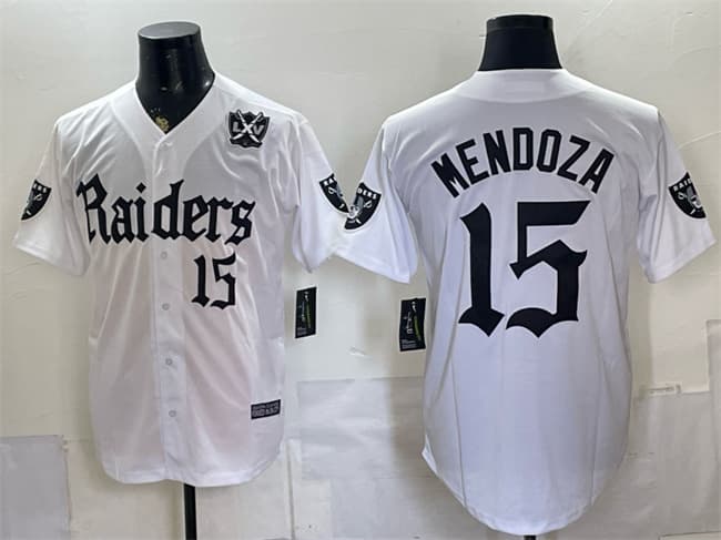 Men's Las Vegas Raiders 15 Fernando Mendoza White 'Gothic Sin City Shadows Edition' With 65th Anniversary Patch Vapor Limited Stitched Baseball Jersey Men's Las Vegas Raiders 15 Fernando Mendoza White 'Gothic Sin City Shadows Edition' With 65th Anniversary Patch Vapor Limited Stitched Baseball Jersey