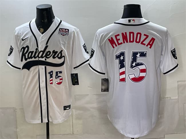 Men's Las Vegas Raiders 15 Fernando Mendoza White USA 250 Fourth of July Vapor Limited Stitched Baseball Jersey Men's Las Vegas Raiders 15 Fernando Mendoza White USA 250 Fourth of July Vapor Limited Stitched Baseball Jersey