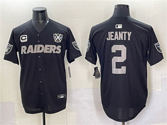 Men's Las Vegas Raiders 2 Ashton Jeanty Black With Nevada Silver Stat Patch And 65th Anniversary Patch 3 Star C Patch Stitched Baseball Jersey