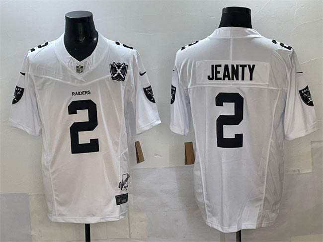 Men's Las Vegas Raiders 2 Ashton Jeanty White 2025 Draft F.U.S.E. With Nevada Silver Stat Patch And 65th Anniversary Patch Stitched Football Jersey