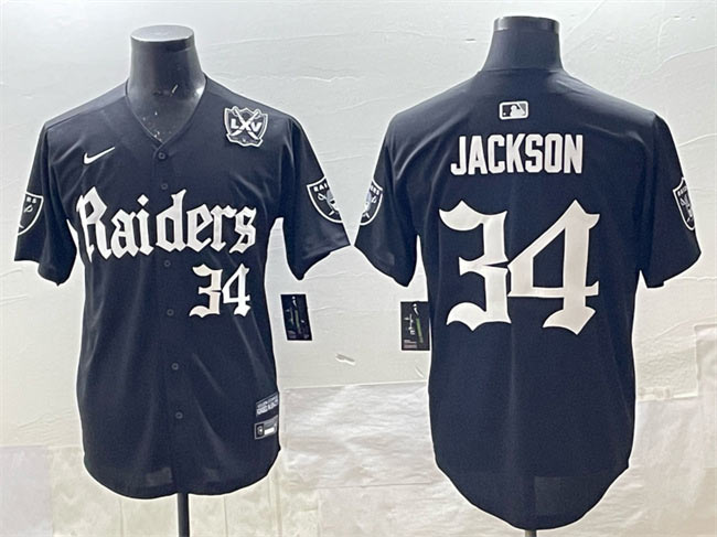 Men's Las Vegas Raiders 34 Bo Jackson Black 'Gothic Sin City Shadows Edition' With 65th Anniversary Patch Vapor Limited Stitched Baseball Jersey