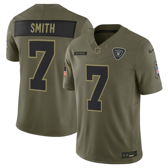 Men's Las Vegas Raiders 7 Geno Smith Olive 2025 Salute to Service Limited Football Stitched Jersey
