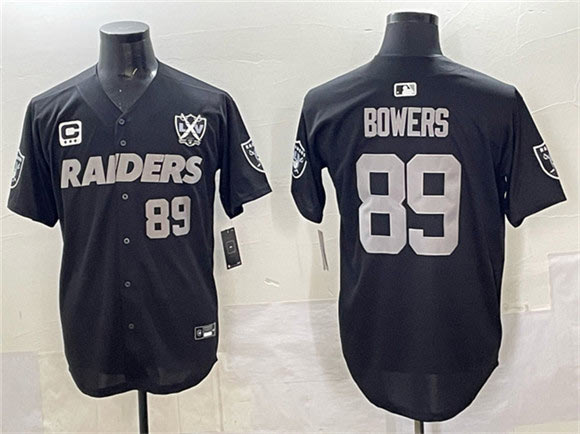 Men's Las Vegas Raiders 89 Brock Bowers Black With Nevada Silver Stat Patch And 65th Anniversary Patch 3 Star C Patch Stitched Baseball Jersey