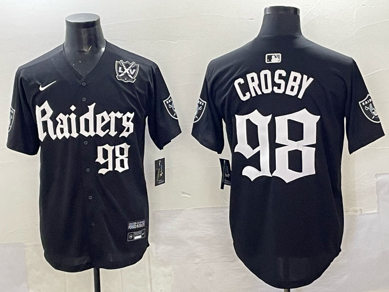 Men's Las Vegas Raiders 98 Maxx Crosby Black 'Gothic Sin City Shadows Edition' With 65th Anniversary Patch Vapor Limited Stitched Baseball Jersey