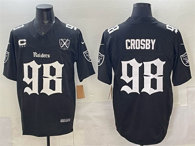 Men's Las Vegas Raiders 98 Maxx Crosby Black F.U.S.E. Gothic Sin City Shadows Edition With 65th Anniversary 3 Star C Patch Vapor Untouchable Limited Stitched Football Jersey