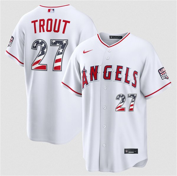 Men's Los Angeles Angels 27 Mike Trout 2026 White USA 250 Fourth of July Home Stadium Stitched Baseball Jersey Men's Los Angeles Angels 27 Mike Trout 2026 White USA 250 Fourth of July Home Stadium Stitched Baseball Jersey