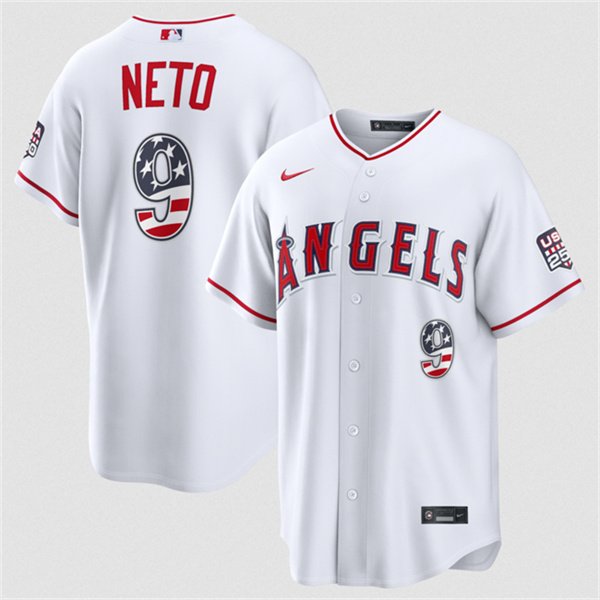 Men's Los Angeles Angels 9 Zach Neto 2026 White USA 250 Fourth of July Home Stadium Stitched Baseball Jersey Men's Los Angeles Angels 9 Zach Neto 2026 White USA 250 Fourth of July Home Stadium Stitched Baseball Jersey