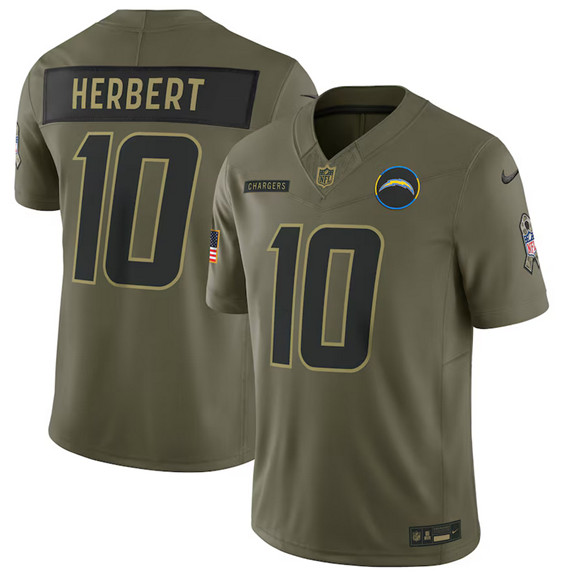 Men's Los Angeles Chargers 10 Justin Herbert Olive 2025 Salute to Service Limited Football Stitched Jersey
