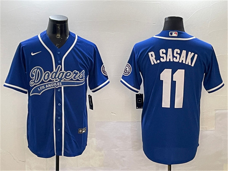 Men's Los Angeles Dodgers 11 Roki Sasaki Royal With Patch Cool Base Stitched Baseball Jersey