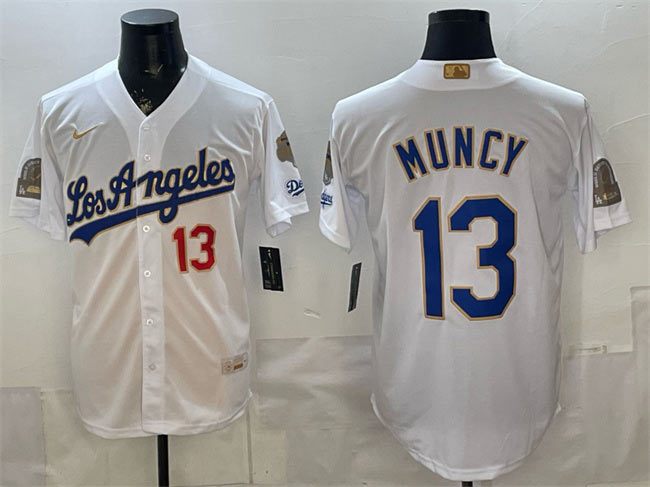 Men's Los Angeles Dodgers 13 Max Muncy White 2026 Gold Collection 9x & B2B Champs Patch Stitched Baseball Jersey