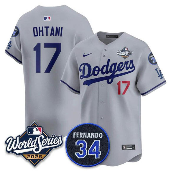 Men's Los Angeles Dodgers 17 Shohei Ohtani Gray 2025 World Series With No. 34 Patch Limited Stitched Jersey