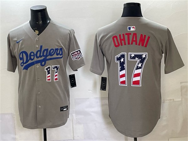 Men's Los Angeles Dodgers 17 Shohei Ohtani Gray 250 Fourth of July Road Stitched Baseball Jersey Men's Los Angeles Dodgers 17 Shohei Ohtani Gray 250 Fourth of July Road Stitched Baseball Jersey