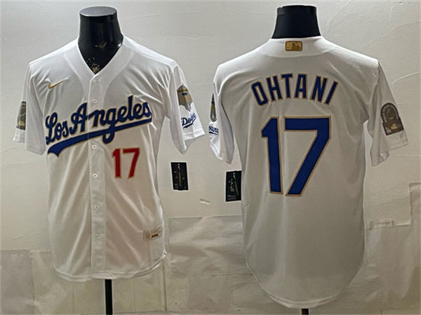 Men's Los Angeles Dodgers 17 Shohei Ohtani White 2026 Gold Collection 9x & B2B Champs Patch Stitched Baseball Jersey