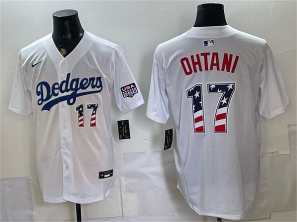 Men's Los Angeles Dodgers 17 Shohei Ohtani White 250 Fourth of July Home Stitched Baseball Jersey Men's Los Angeles Dodgers 17 Shohei Ohtani White 250 Fourth of July Home Stitched Baseball Jersey