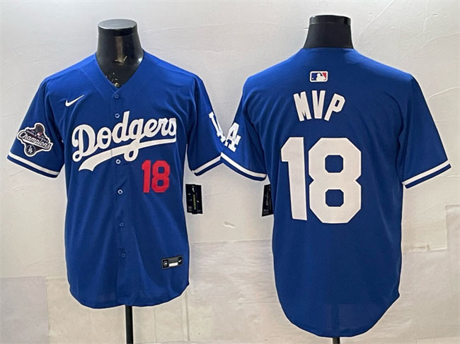 Men's Los Angeles Dodgers 18 MVP Royal 2025 World Series Champions Patch Limited Stitched Baseball Jersey
