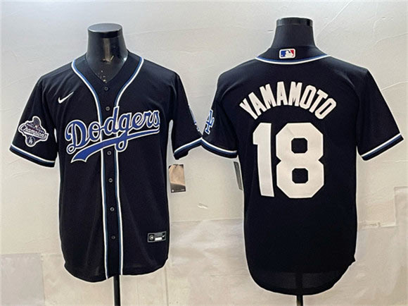 Men's Los Angeles Dodgers 18 Yoshinobu Yamamoto Black 2025 World Series Champions Patch Cool Base Stitched Baseball Jersey