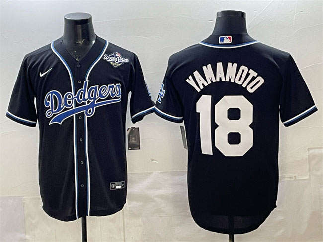 Men's Los Angeles Dodgers 18 Yoshinobu Yamamoto Black 2025 World Series Cool Base Stitched Baseball Jersey