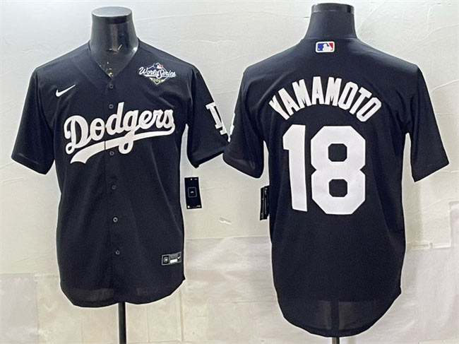 Men's Los Angeles Dodgers 18 Yoshinobu Yamamoto Black 2025 World Series Patch Cool Base Stitched Baseball Jersey