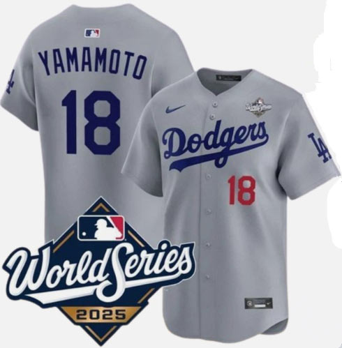 Men's Los Angeles Dodgers 18 Yoshinobu Yamamoto Gray 2025 World Series Limited Stitched Baseball Jersey