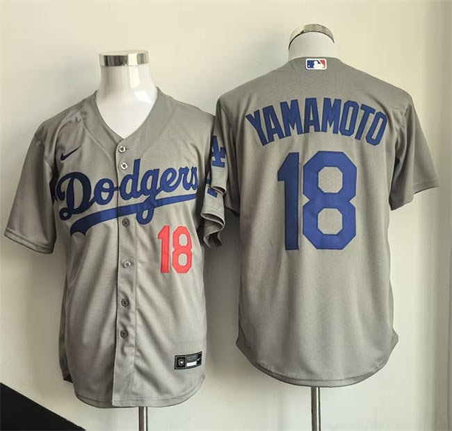 Men's Los Angeles Dodgers 18 Yoshinobu Yamamoto Gray Cool Base Stitched Baseball Jersey