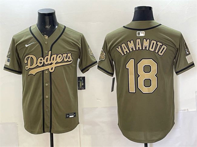 Men's Los Angeles Dodgers 18 Yoshinobu Yamamoto Olive 2026 Armed Forces Day Stitched Baseball Jersey